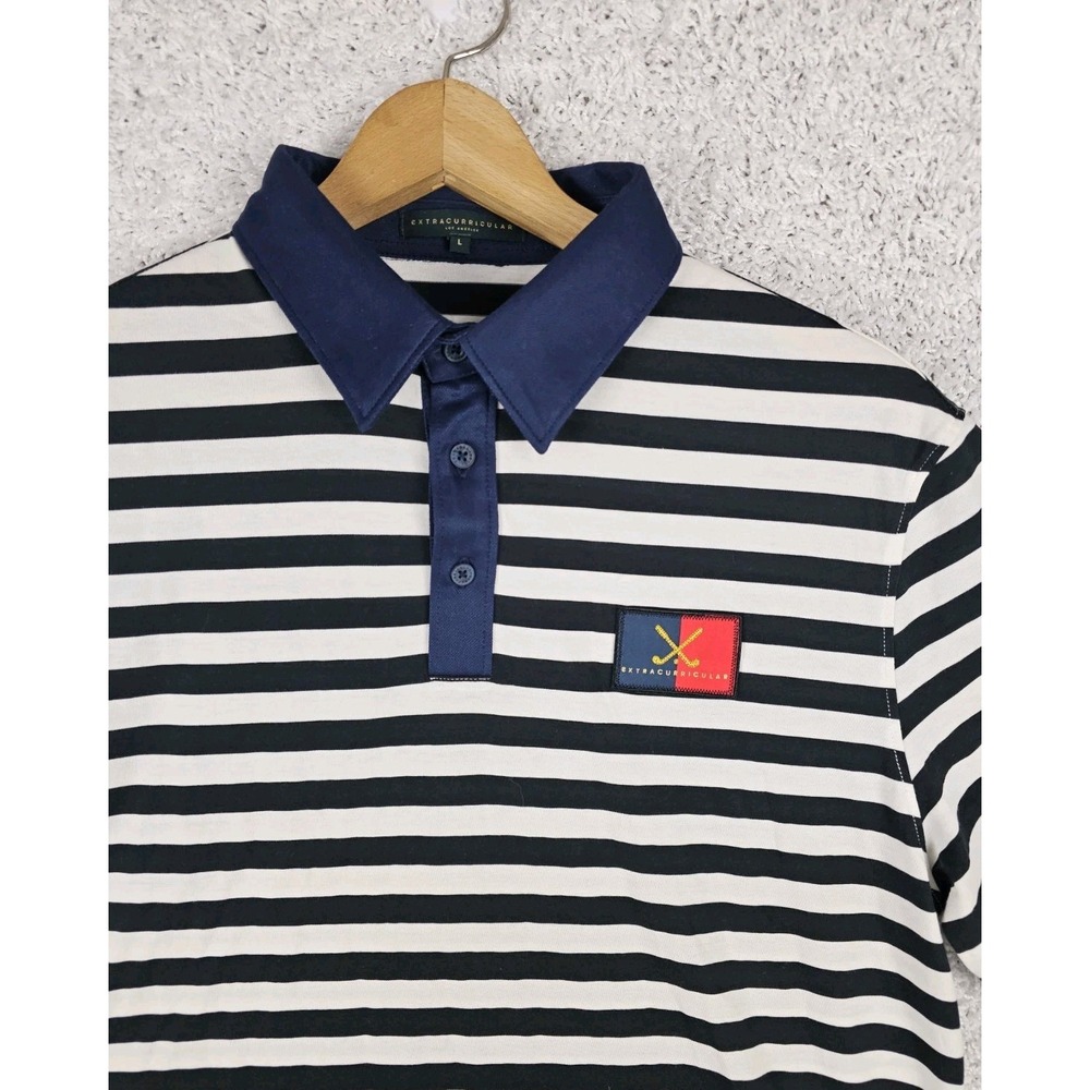 Extracurricular Golf Polo Shirt Mens Large Stripes Large‎ Logo Emblem Patch Navy